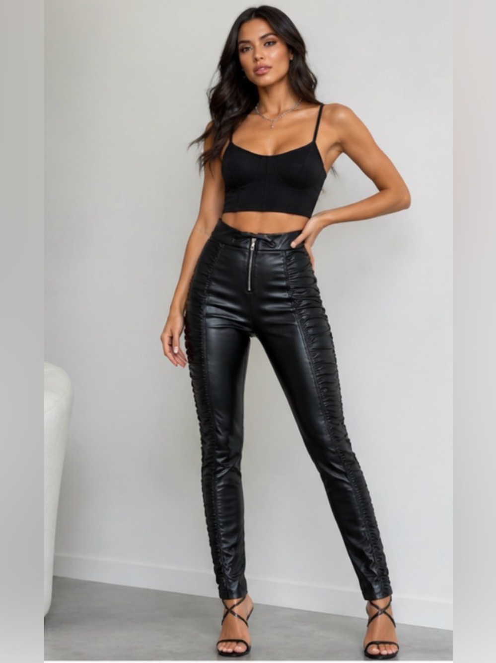 Maniere De Voir Faux Leather Pants Ruched High-Rise Skinny Sz 2/XS Black
